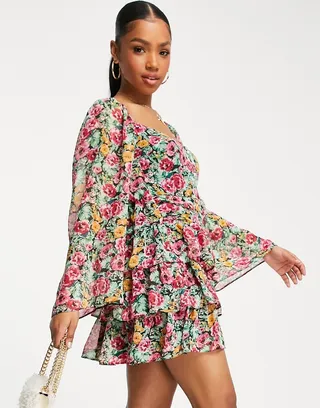 Miss Selfridge chiffon ruffle tier mini dress in cluster floral