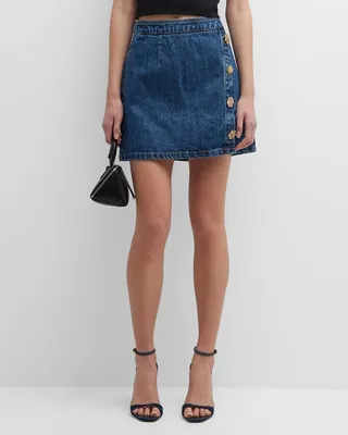Diamanté-Button Denim Mini Skirt