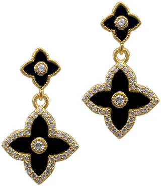 14K Yellow Gold Plated Black Flower Drop Earrings