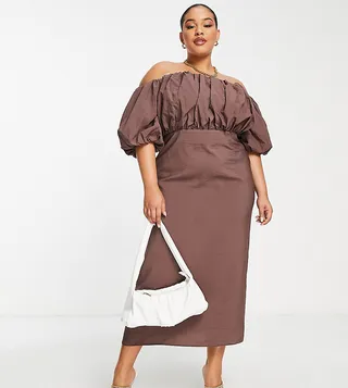 ASOS DESIGN Curve off-the-shoulder puff detail midi dress in taupe