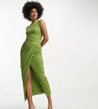 ASOS DESIGN Tall high neck textured midi dress in khaki green