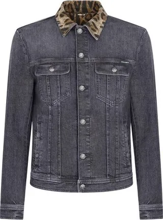 Stretch denim jacket with leopard-print details