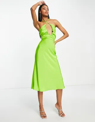 ASOS DESIGN cross font halter satin midi dress with tie back in green