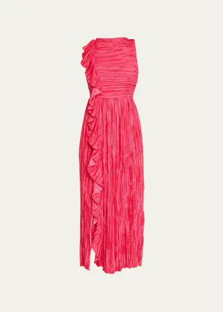 Circe Sleeveless Satin Plisse Tea-Length Gown