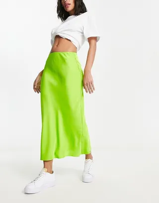 ASOS DESIGN satin bias midi skirt in lime