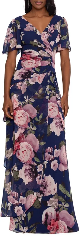 Floral Tiered Chiffon Gown