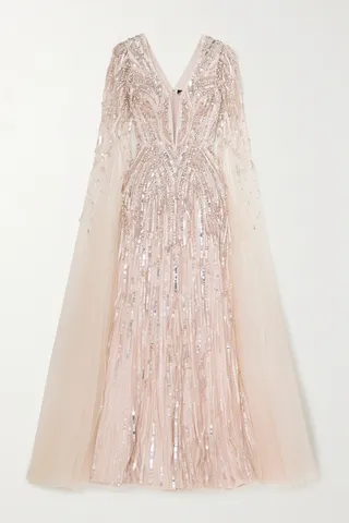 Jenny Packham - Cape-effect Embellished Tulle And Satin Gown - Rose gold