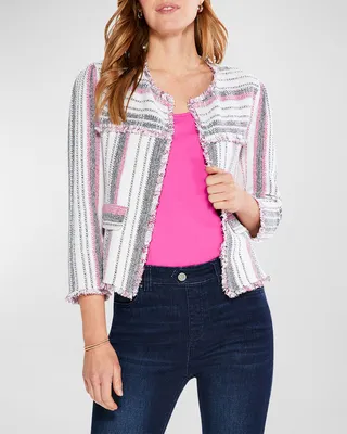 Striped Fringe-Trim Tweed Jacket
