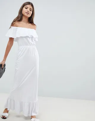 ASOS DESIGN Off Shoulder Maxi Sundress With Tiered Skirt