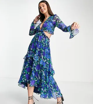 ASOS DESIGN Tall plunge front ruffle printed floral midi dress with lattice tie back detail