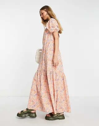 ASOS DESIGN square neck cross back maxi dress in orange daisy gingham