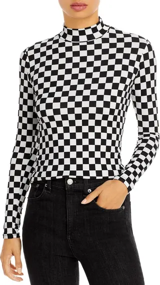 Womens Checkered Turtleneck Pullover Top