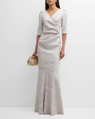 Ruched Elbow-Sleeve Stretch Jacquard Gown