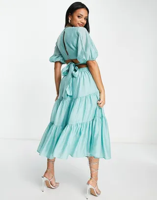 ASOS DESIGN blouson sleeve midi dress with lace detail and open back