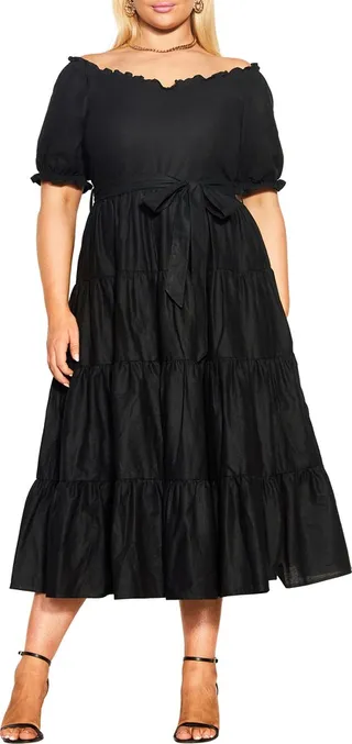 Puff Sleeve Tie Waist Midi Dress