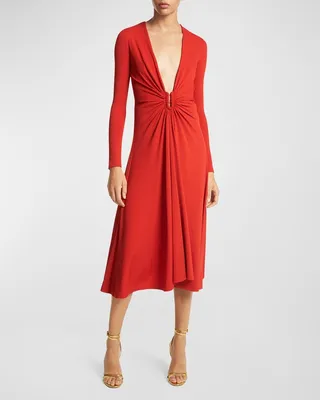 Plunging U-Ring Long-Sleeve Midi Dance Dress