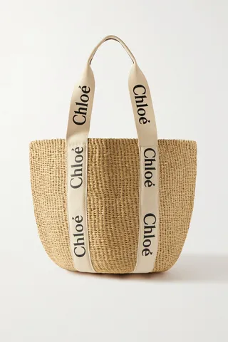 Chloé - Woody Large Printed Leather-trimmed Canvas And Raffia Tote - Brown