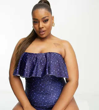 Brave Soul Plus strapless frill swimsuit in navy floral print