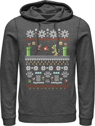 Men's Nintendo Ugly Christmas Mario and Bowser Pull Over Hoodie - Charcoal Heather - 2X Large