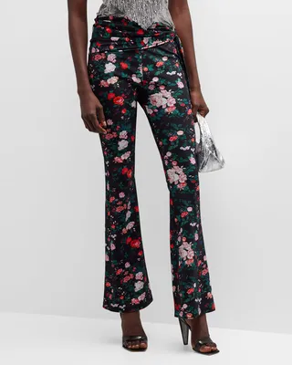 Floral-Print Wrap-Waist Flare-Leg Pants