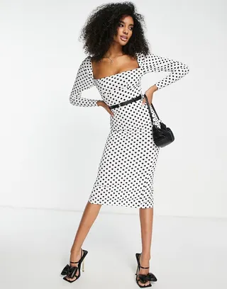 ASOS DESIGN square neck midi dress with belt in mono polka dot