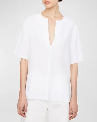 Easy Slit-Neck Linen-Blend Tee