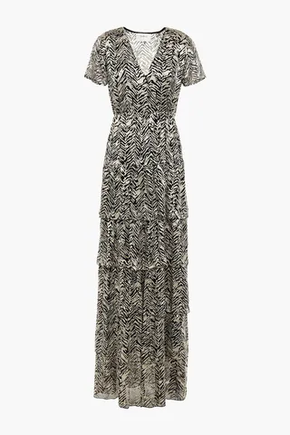 Zelie tiered wrap-effect burnout satin maxi dress