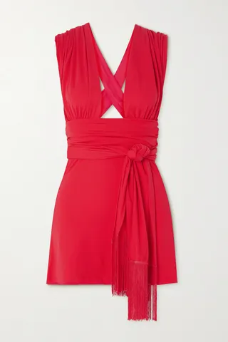 Leslie Amon - Amina Tie-detailed Fringed Stretch-jersey Mini Dress - Red