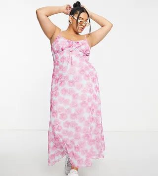 ASOS DESIGN Curve strappy bust detail 90s mesh midi dress in pink rose print