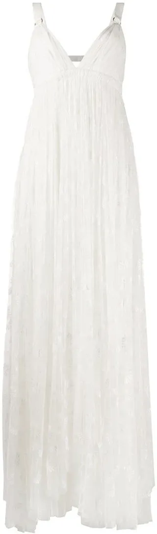 V-neck embroidered tulle gown