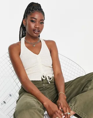 Stradivarius textured gathered halter top in natural