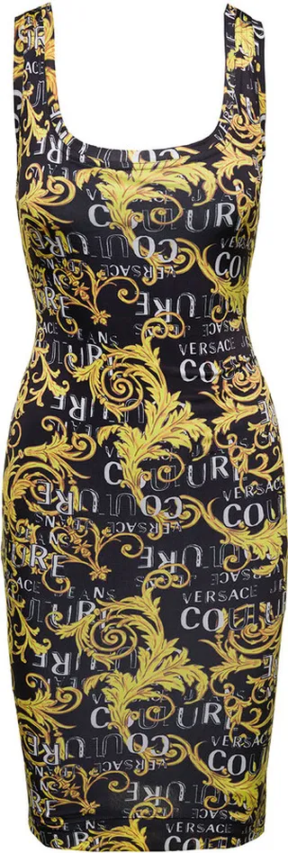 Multicolor Midi Sleeveless Sheath Dress With All-over Couture Logo Print In Stretch Cotton Woman