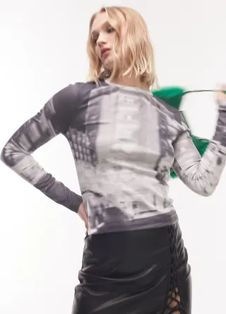 Topshop graphic scenic photographic long sleeve tee in mono