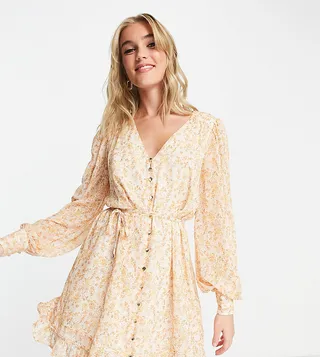 Ever New flippy hem mini tea dress in peach ditsy floral