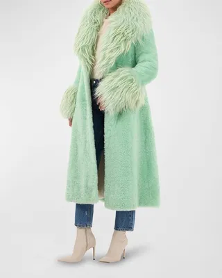 Mongolian Lamb Shearling Long Stroller Coat With Goat Fur Trim