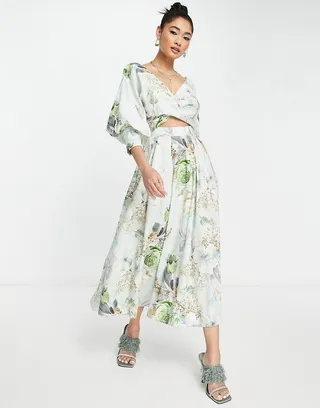 ASOS EDITION wrap bodice midi dress with full skirt in floral bloom print