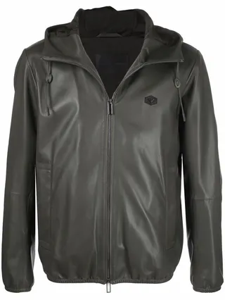 Hooded Logo-Plaque Leather Jacket