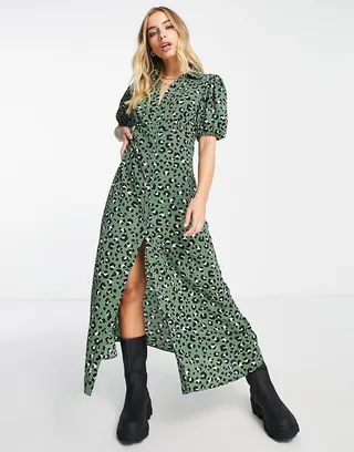 ASOS DESIGN button front midi shirt tea dress in green abstract print