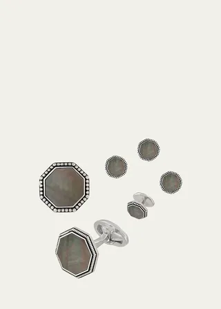 Beaded Octagonal Mother-of-Pearl Cuff Links Studs Set