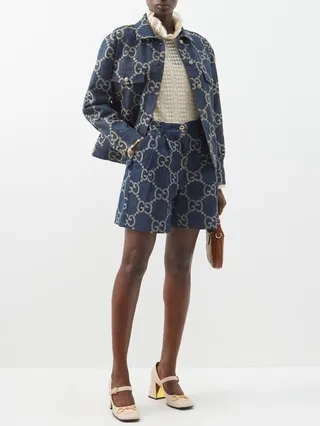 GG-jacquard Leather-trim Denim Shorts