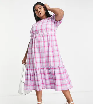 Simply Be Tiered Check Midi Smock Dress In Pink