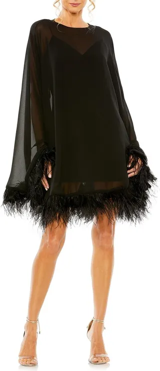 Long Sleeve Feather Trim Trapeze Minidress