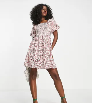 In The Style x Jac Jossa shirred bust frill sleeve tiered mini smock dress in berry floral