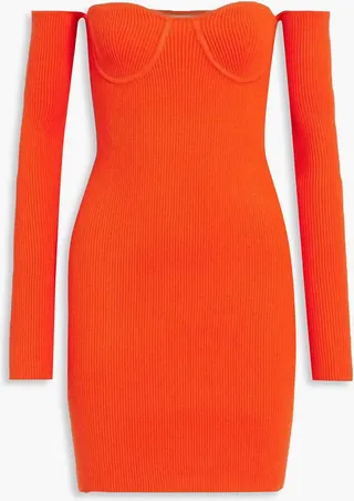 Off-the-shoulder ribbed-knit mini dress