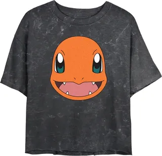 Junior's Pokemon Charmander Smile Mineral Wash Crop T-Shirt - Black - X Large