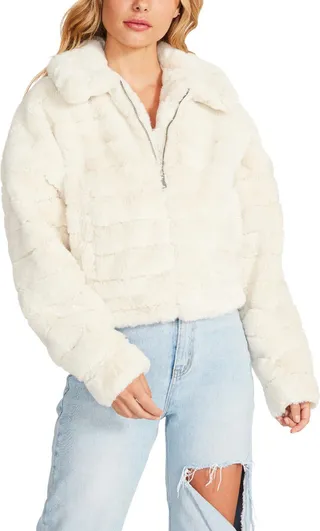 Just Fuzz Womens Faux Fur Cropped Faux Fur Coat