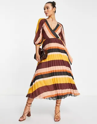 ASOS DESIGN pleated wrap midi dress in multi stripe