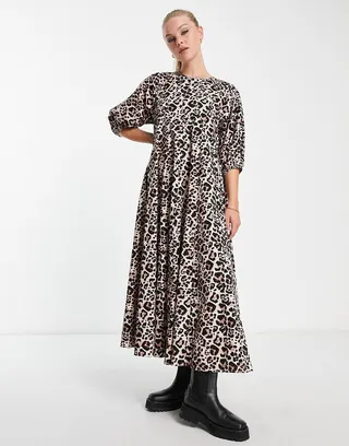 ASOS DESIGN cotton trapeze midi dress in animal print