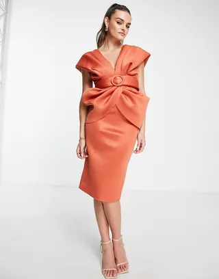 ASOS DESIGN draped shoulder belted midi dress in burnt apricot