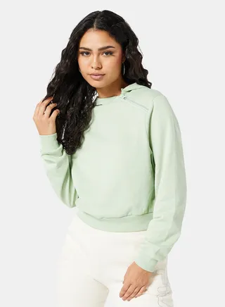 Asymmetric Zipper Cropped Hoodie Light Green